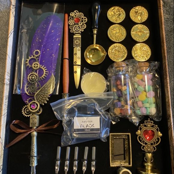 Feather Quill Pen Ink Set Wax Seal Stamp Leather Notebook Calligraphy - Picture 2 of 7